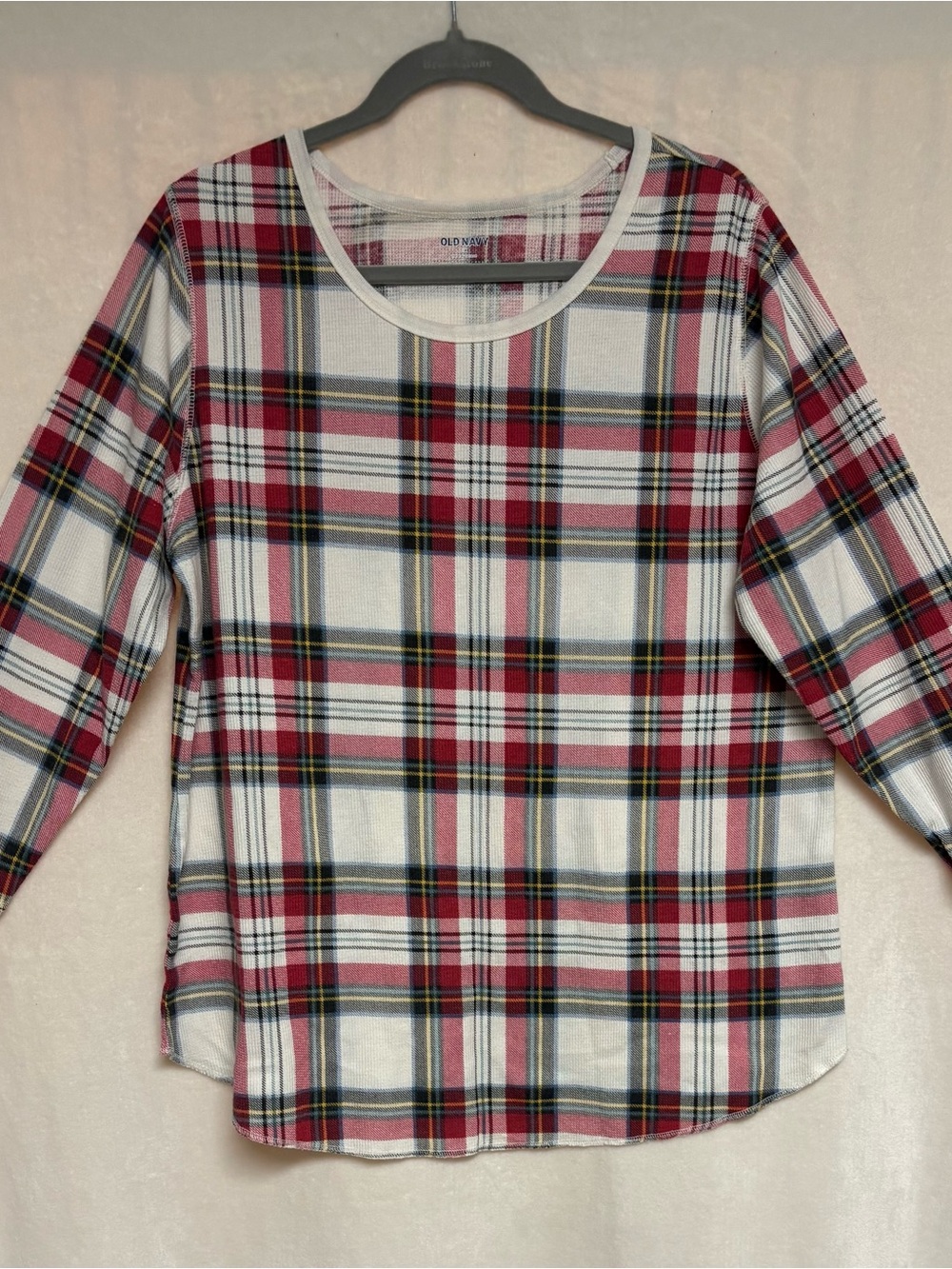 Old Navy Women’s 2XL Red White Plaid Waffle Knit Thermal Long Sleeve Shirt